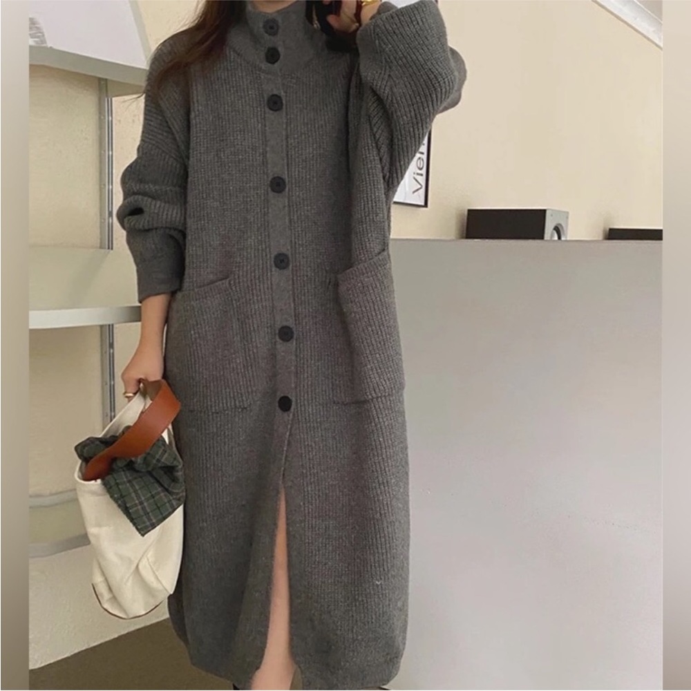 Sweater oversized gray outerwear Below Knee Button up Cardigan - Picture 9 of 10
